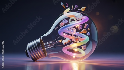 A glowing light bulb containing a colorful spiral of artistic and educational creative symbols