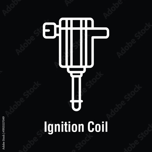 Car Engine Ignition Coil Vector Icon, White Line Art Auto Part on Black Background