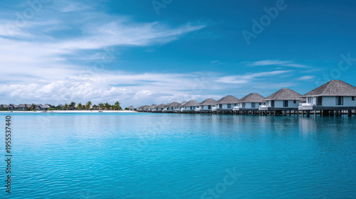 Wallpaper Mural An idyllic resort over water, perfect for a relaxing vacation. The houses are set over crystal clear blue waters, under a vibrant blue sky Torontodigital.ca