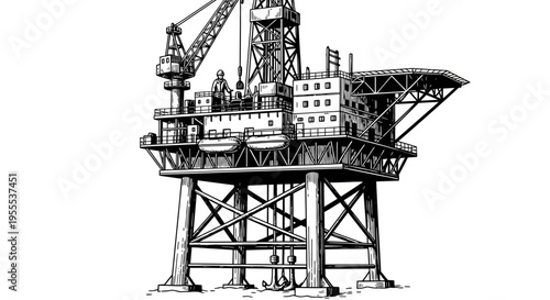 offshore oil rig platform with cargo ship at dusk