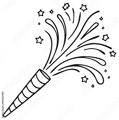 Party popper exploding with confetti and stars, celebratory sketch