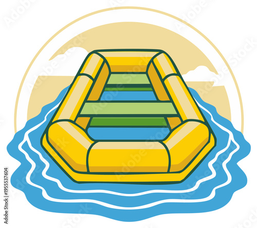 Bright yellow inflatable raft illustration floating on blue water for summer recreation and outdoor adventure activity