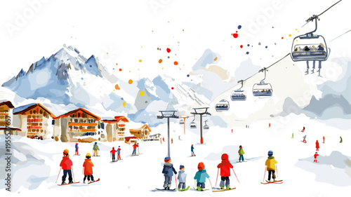 Andes Ski Resort. Andes Ski Resort hand drawn watercolor illustration