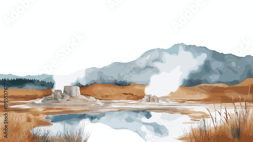 El Tatio Geysers. El Tatio Geysers hand drawn watercolor illustration
