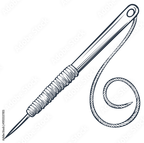Illustration of a Hand Sewing Needle with Thread Swirl Detailed Monochrome Line Art