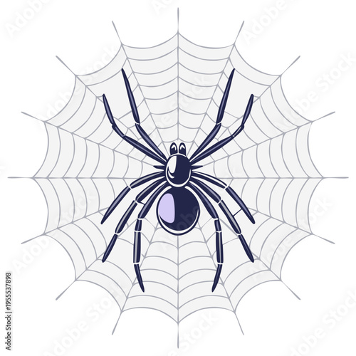 Stylized Cartoon Spider in Web Isolated on White Insect Eight Legs Halloween Theme Horror Creepy Arachnid Arachnophobia