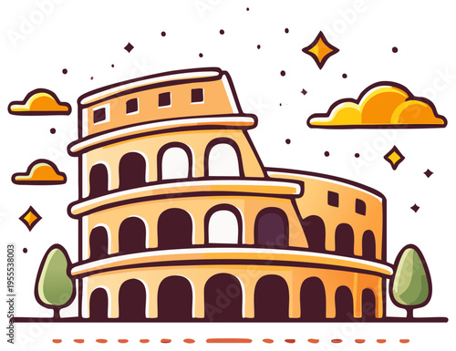 Colosseum illustration with trees, clouds and stars in flat style