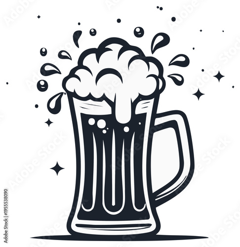 Stylized Refreshing Beer Mug with Overflowing Foam and Bubbles Illustration