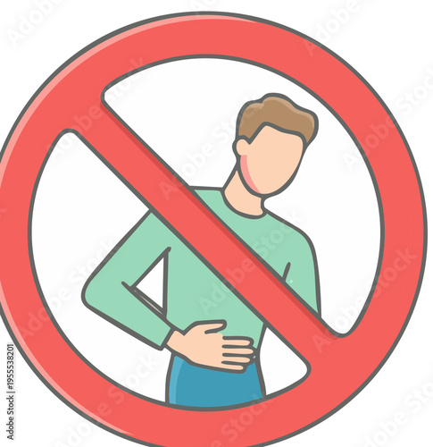 Warning icon of a man suffering from a stomach ache inside a red prohibition symbol