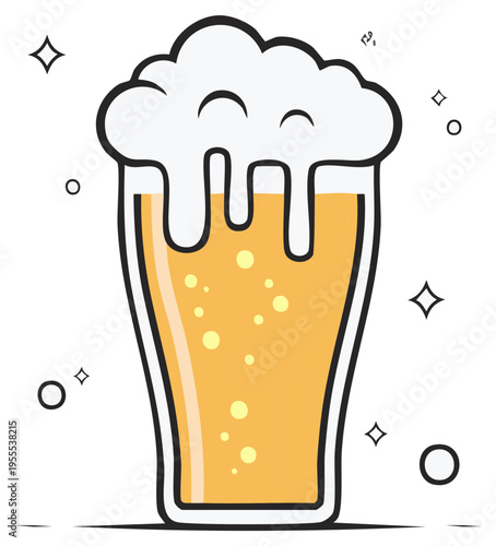 Cartoon glass of beer with foamy head and bubbles, illustration isolated on white