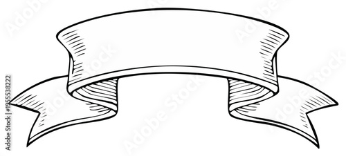 Decorative empty vintage banner ribbon with curved edges and etched lines