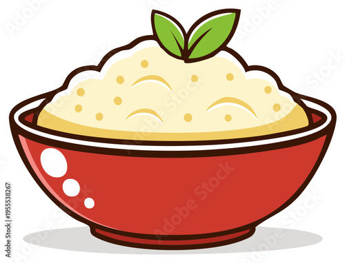 Cartoon Mashed Potatoes with Fresh Herbs in a Red Bowl