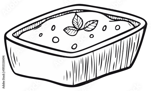 Hand-drawn illustration of a casserole dish with a food item and leaf garnish in monochrome black and white