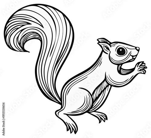 Stylized squirrel illustration with large bushy tail reaching out with hands in black and white line art