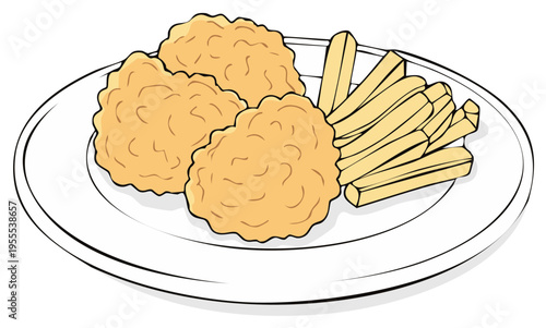 Delicious fried chicken nuggets and crispy french fries served on a plate illustration