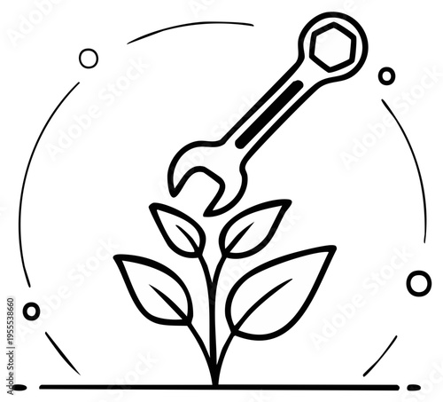 Wrench symbol hovering over a growing plant, environment concept