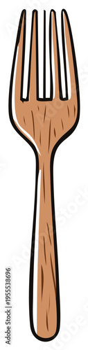 Hand drawn illustration of a single brown wooden fork with four prongs