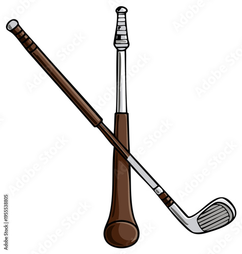Hurling Stick and Golf Club Crossed Sports Equipment Vector Illustration