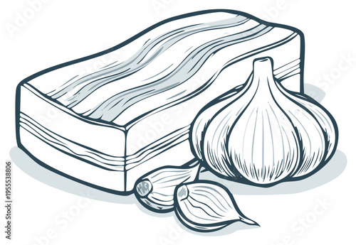 Hand Drawn Lard Block and Garlic Still Life Illustration. Culinary art.  Raw Pork Fat Chunk and Garlic Cloves, Ingredients Preparation