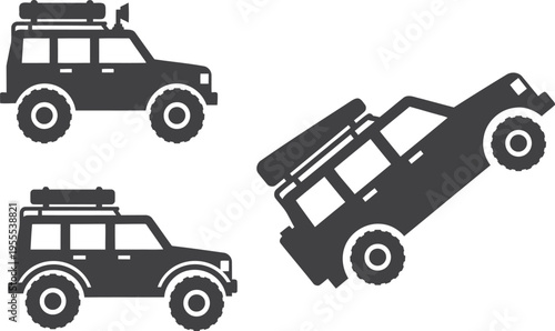 Three black silhouettes of 4x4 suvs isolated on transparent background