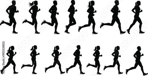 Black vector illustration set featuring silhouettes of women and men in fitness, running, and dance action poses, depicting a diverse evolution of athletic female body outlines in competition
