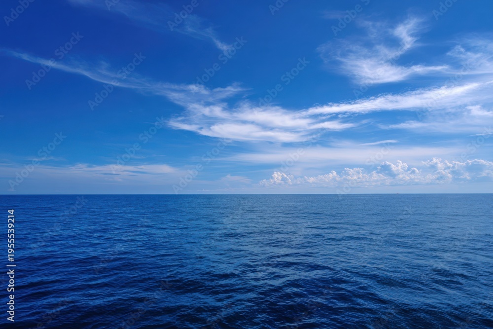 Fototapeta premium Wide blue ocean horizon wispy clouds and calm deep water under a bright clear sky