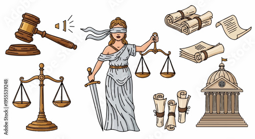 Justice concept with blindfolded lady holding scales and sword law symbols around gavel books court building