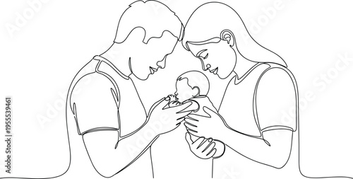 A vector illustration of a bride and groom, mother and daughter, and mother and baby shows a family in line art sketches and cartoon silhouettes to depict love between a couple and child