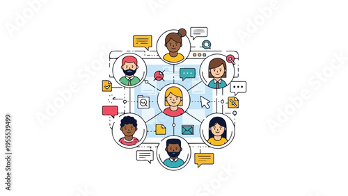 Illustration of diverse people communicating and collaborating online with speech bubbles and devices in a colorful graphic.