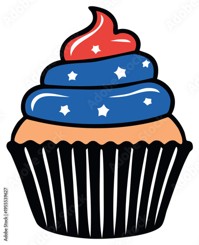 Patriotic cupcake with blue and red frosting and star decorations