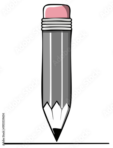 Illustration of a gray pencil with pink eraser drawing a line; stationery, education, art supply, creative tools, writing instrument