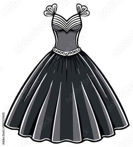 Elegant cartoon style evening gown with a full skirt and decorative details