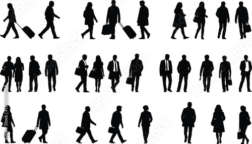 People walking silhouettes collection of men and women with bags and luggage urban commuters travelers isolated vector illustration set