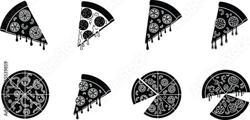 Pizza slice and whole pizza icon collection with dripping cheese and toppings silhouette vector set for Italian fast food menu design