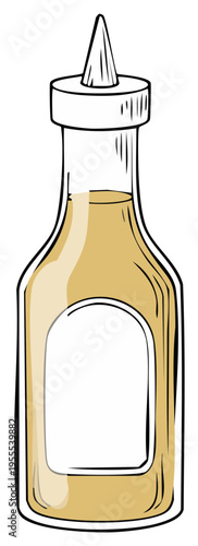 Cartoon drawing of a condiment squeeze bottle with yellow sauce and a blank label