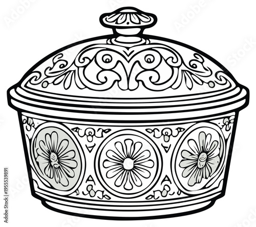 Elegant ornate container with lid decorative design monochrome illustration