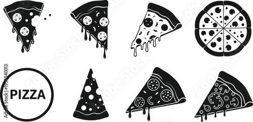 Pizza slice and whole pizza icon collection with dripping cheese toppings vector illustration set for Italian fast food menu design