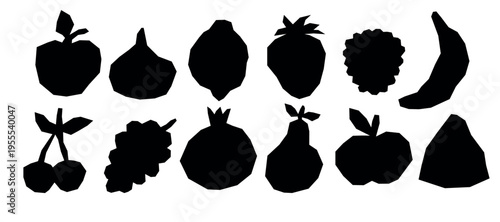 Minimalist black silhouettes fruits and berries in a geometric flat style. Scrapbook collage abstract geometric shapes