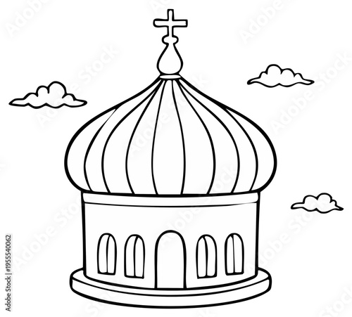 Simple outline drawing of a domed church with a cross and clouds