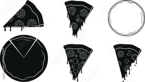 Pizza slice and whole pizza icon set with dripping cheese toppings silhouette vector illustration for Italian fast food menu design