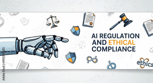 Robot hand with ai regulation and ethical compliance icons on white background