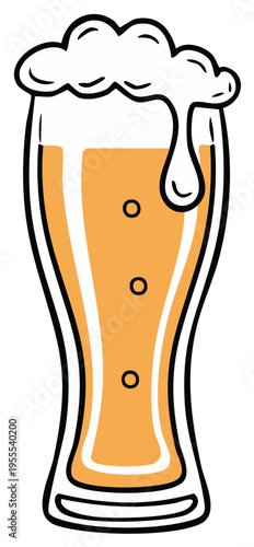 Refreshing Beer Illustration in Tall Glass with Bubbly Foam Cascade Beverage Celebration and Craft Beer, Alcohol and Drink