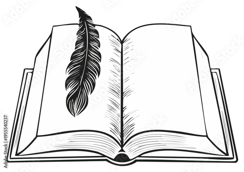 Open book with blank pages and quill pen. Illustration of writing, knowledge, education, and literature.