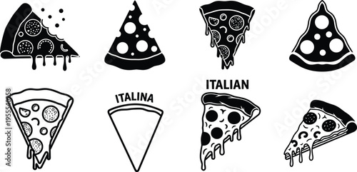 Pizza slice icon collection with dripping cheese and pepperoni toppings silhouette vector illustration set for Italian fast food menu design