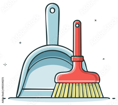 Dustpan and Brush Cleaning Supplies Cartoon Style Home Hygiene Tools