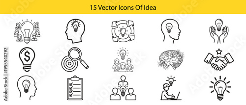 Idea Innovation Creativity Line Icon Set featuring Brainstorming Light Bulb Brain Business Startup Concept Icons for Professional Presentation