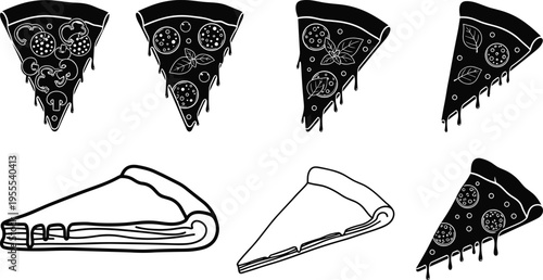 Pizza slice icon collection with dripping cheese vegetable toppings and crust variations vector illustration for Italian fast food menu design