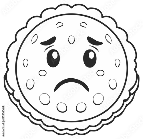 Sad, unhappy, crying cartoon cookie character with big eyes and frowning mouth, black and white outline