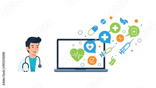 Illustration of a doctor standing next to a laptop with medical icons and symbols emerging from the screen on a clean white background.
