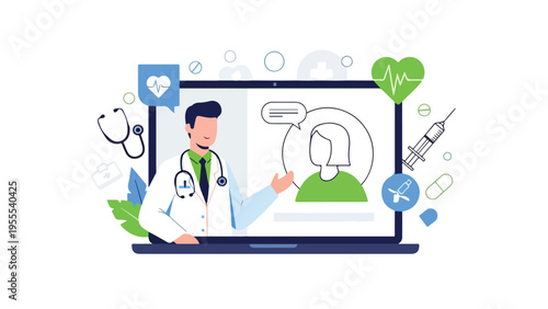 A doctor in a white coat interacts with a telemedicine interface on a laptop with various medical icons around it on a white background.